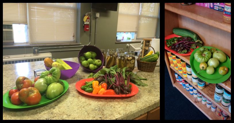 Left: Produce is first brought to the CMC teaching kitchen each Monday for THP residents. Right: Food that remains after the residents' Monday night class is placed on the food pantry shelves in the CMC lobby.